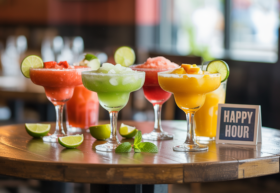 Colorful frozen margaritas and blended drinks in specialty glassware