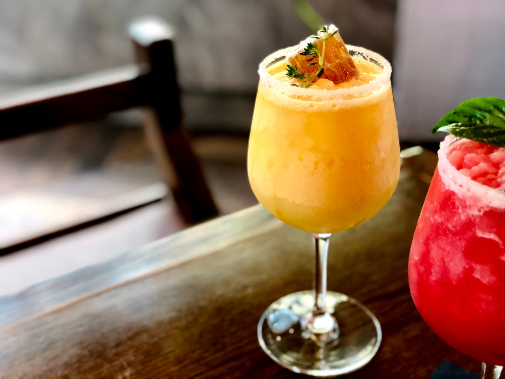 Frozen cocktails served at a bar